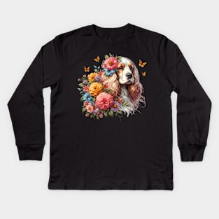 An English cocker spaniel with beautiful colorful flowers Kids Long Sleeve T-Shirt